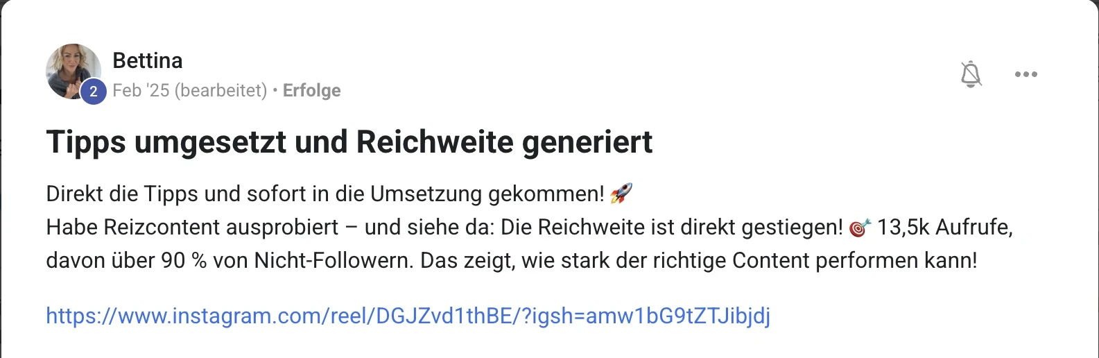 Erfahrungsbericht KI Creator Akademie: Bettinas Reel erreicht 13.500 Aufrufe, überwiegend Nicht-Follower