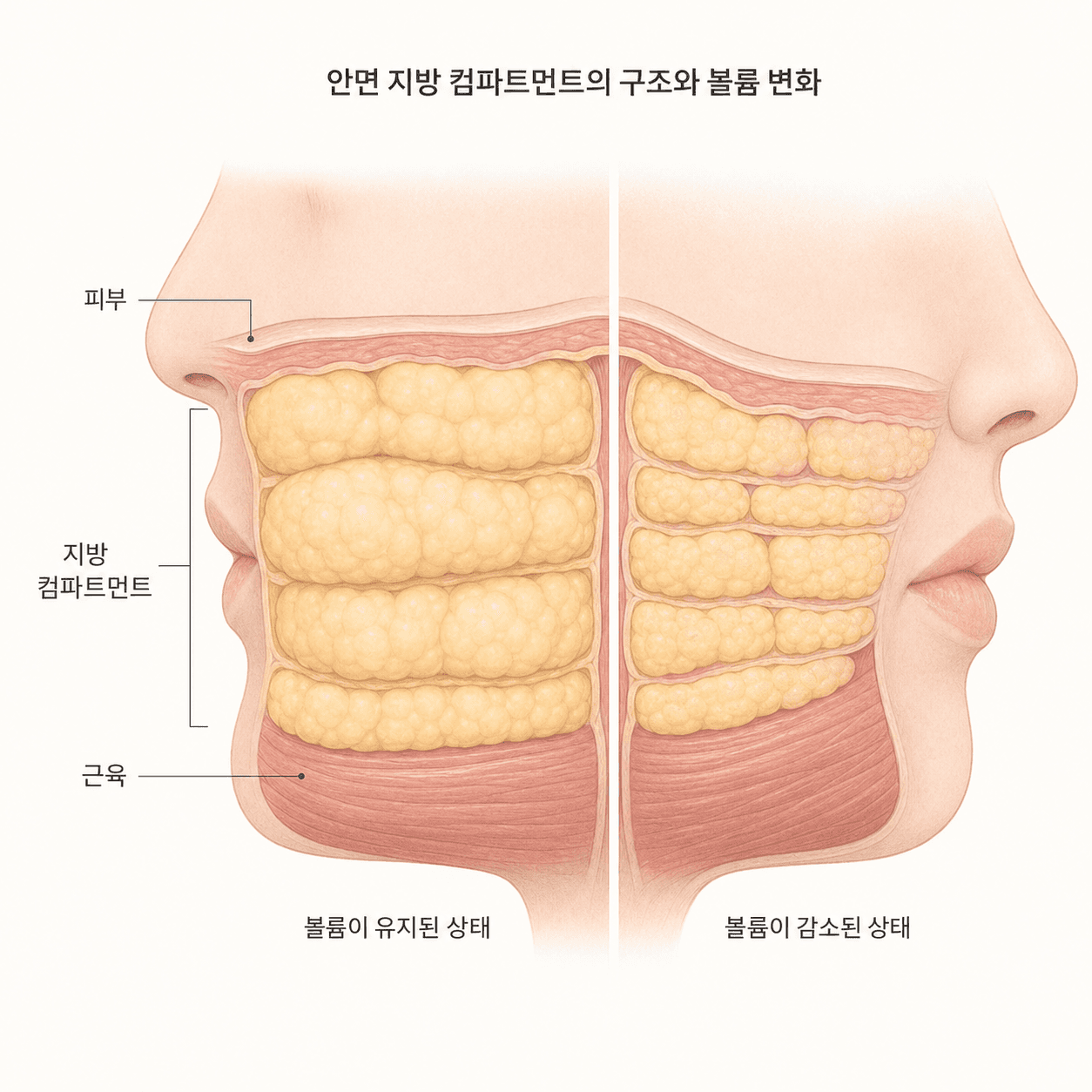 볼의 지방 컴파트먼트와 볼륨 감소