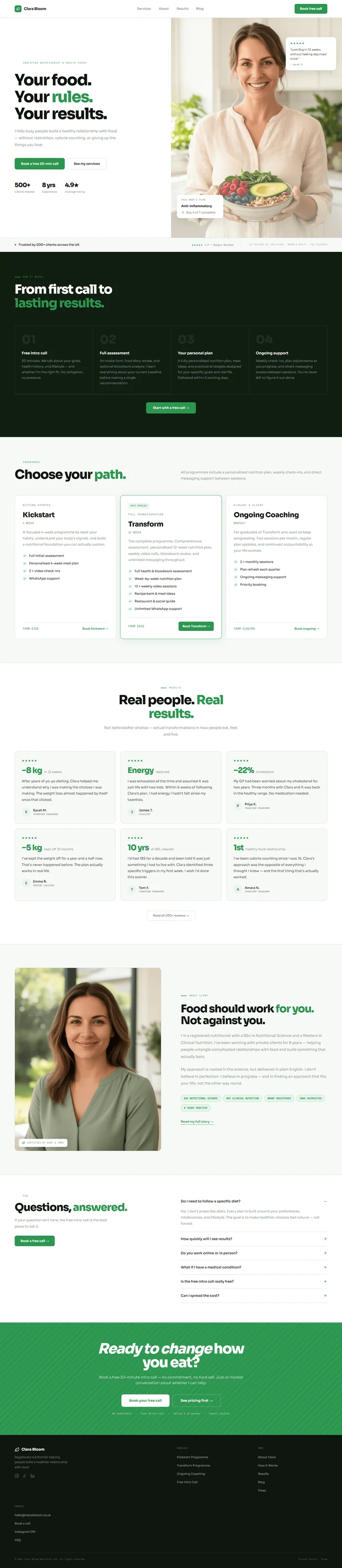 Nutritionist website prompt full preview — clean white background with fresh green accents, split hero showing headline and CTAs on the left and green gradient photo panel with floating plan progress card and star testimonial card on the right, dark near-black process section below with four steps and large count-up numbers, and three-card services grid with featured middle card in green