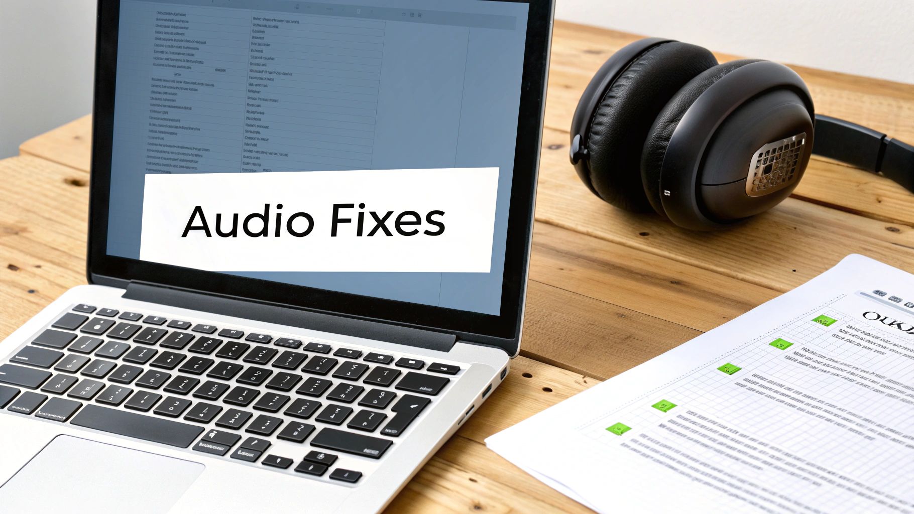 A laptop screen displays 'Audio Fixes' next to black headphones and a document on a wooden desk.