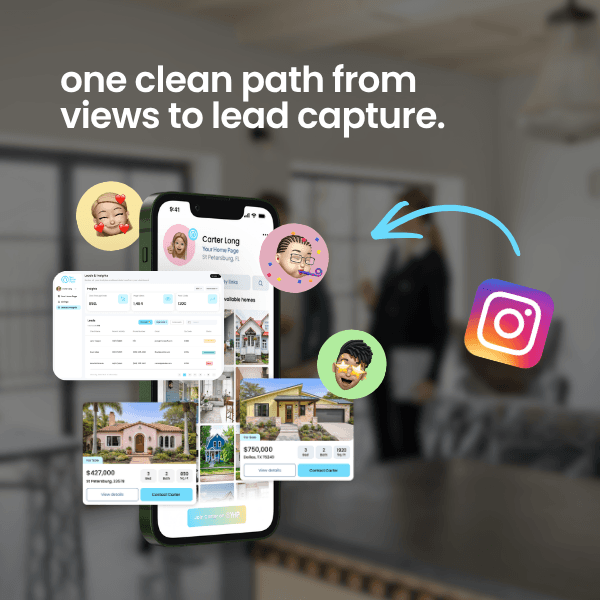 YHP app shown on multiple phone screens with Instagram logo and floating listing cards, with text reading "one clean path from views to lead capture"