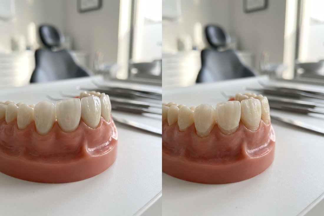 Side by side comparison of porcelain and composite veneers on tooth models