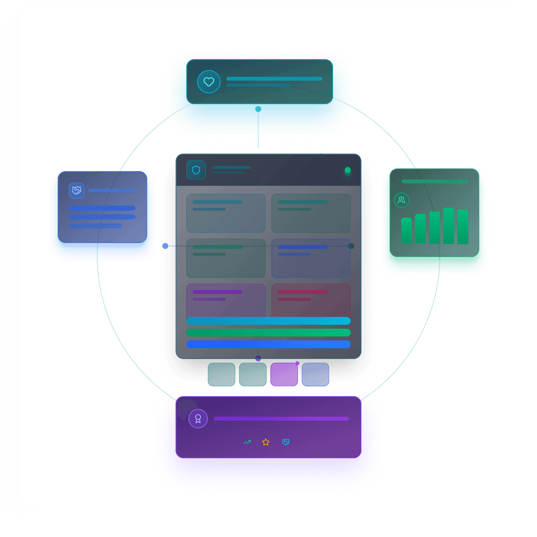 Visualisierung eines digitalen Dashboards mit Symbolen für Kundenbindung, Vertrauen und Wachstum – Sinnbild für nachhaltige Markenloyalität und langfristige Zusammenarbeit mit der E-Commerce-Agentur Inconis GmbH.