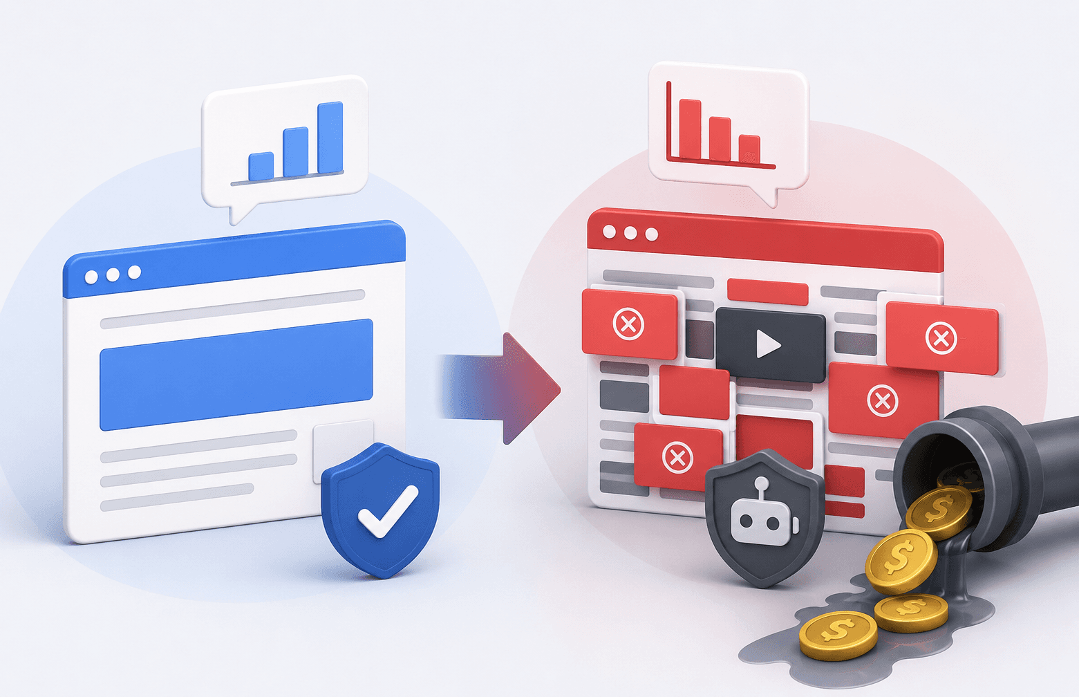 Illustration of advertising fraud, bot traffic, and wasted marketing budget