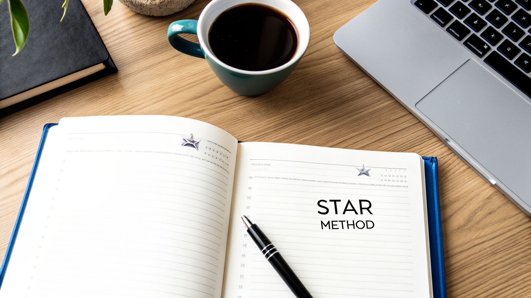 An open notebook on a wooden desk with 'STAR METHOD' written inside, a pen, coffee, and a laptop.
