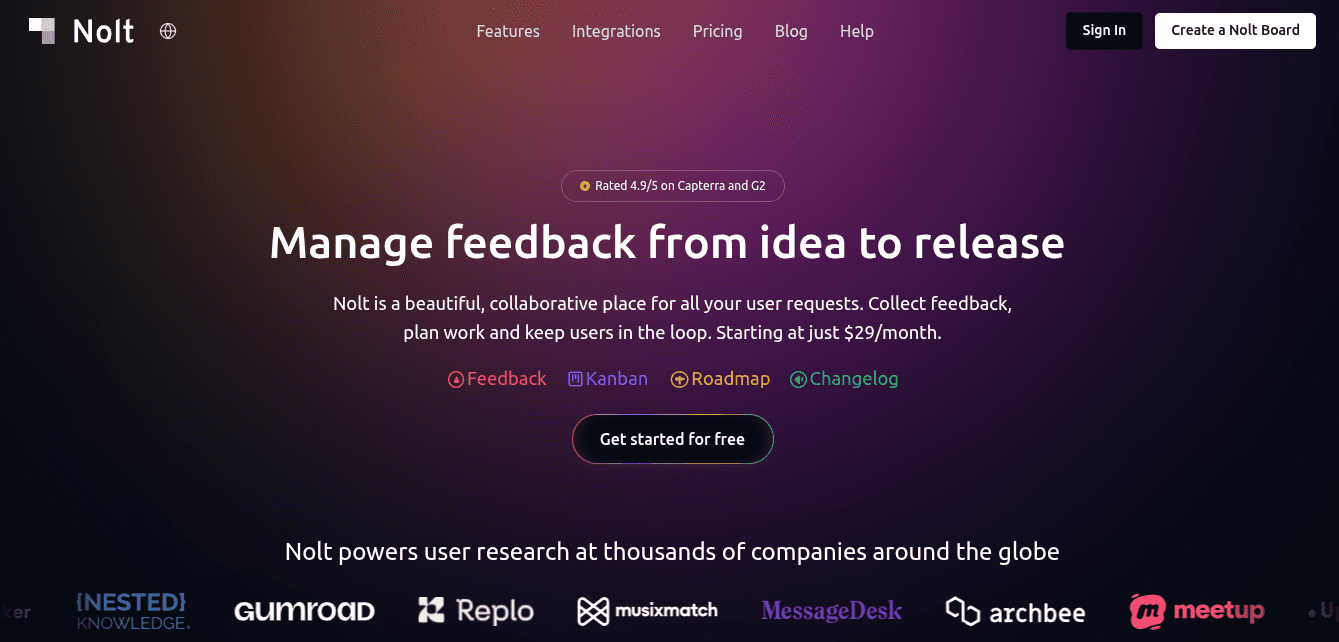 Nolt homepage with the headline "Manage feedback from idea to release" and links to Feedback, Kanban, Roadmap, and Changelog