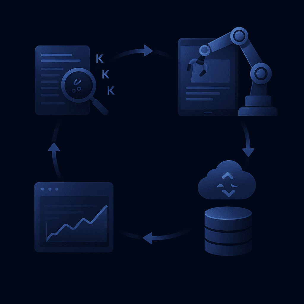 Four-stage automated content refresh pipeline from research to monitoring