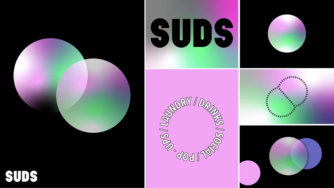 The image is a collage of six distinct elements set against a black background. On the left side, two overlapping circles in shades of pink, green, and white are positioned side by side. To the right of the circles, the word “SUDS” is displayed in bold, black capital letters. Below this, a pink square contains the white text "LAUNDRY | DRINKS | SOCIAL | POP UPS" arranged in a circular pattern. On the right side of the collage, a white square displays a stylized, curved line design incorporating the letters “SUDS” in a repeating pattern. Below this, a purple square contains two overlapping circles in shades of pink, green, and white, positioned side by side. Lastly, a small pink circle appears in the bottom right corner.