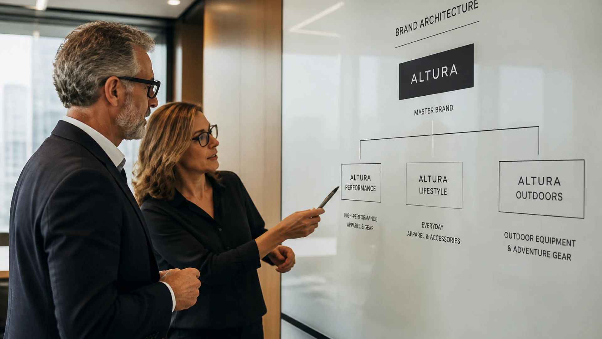 Diretor de design e executivo a analisar um diagrama de Arquitetura de Marca num quadro de vidro numa sala de reuniões corporativa.