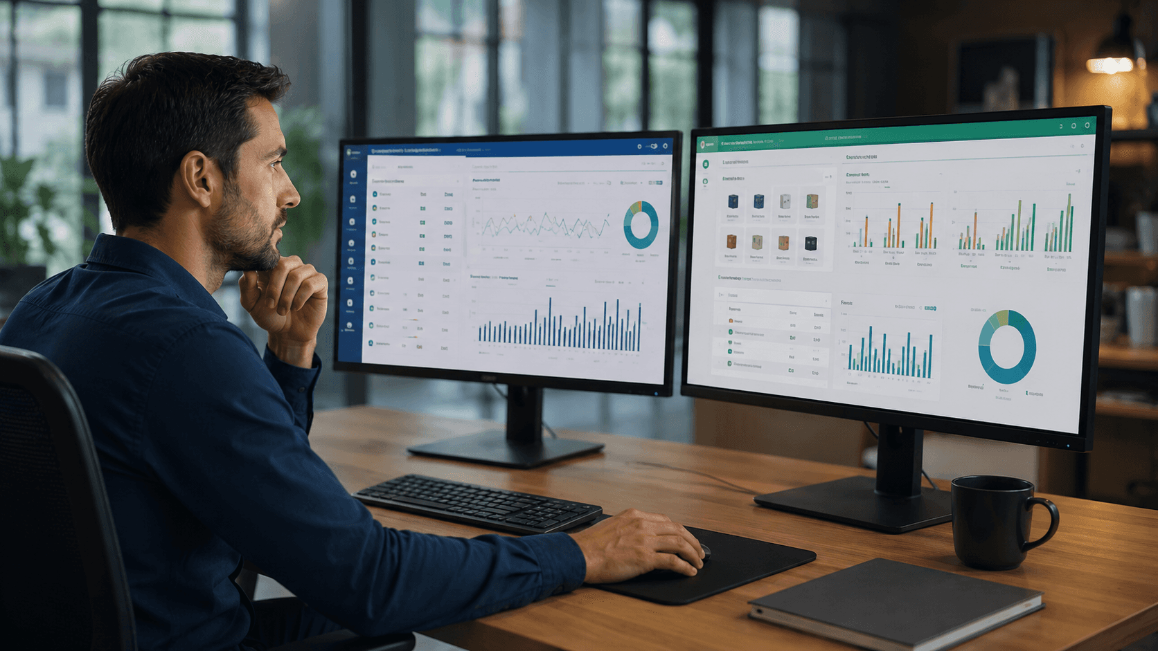 Homem analisando dois monitores com dashboards comparativos de vendas B2B, integração ERP e indicadores operacionais em um escritório moderno.