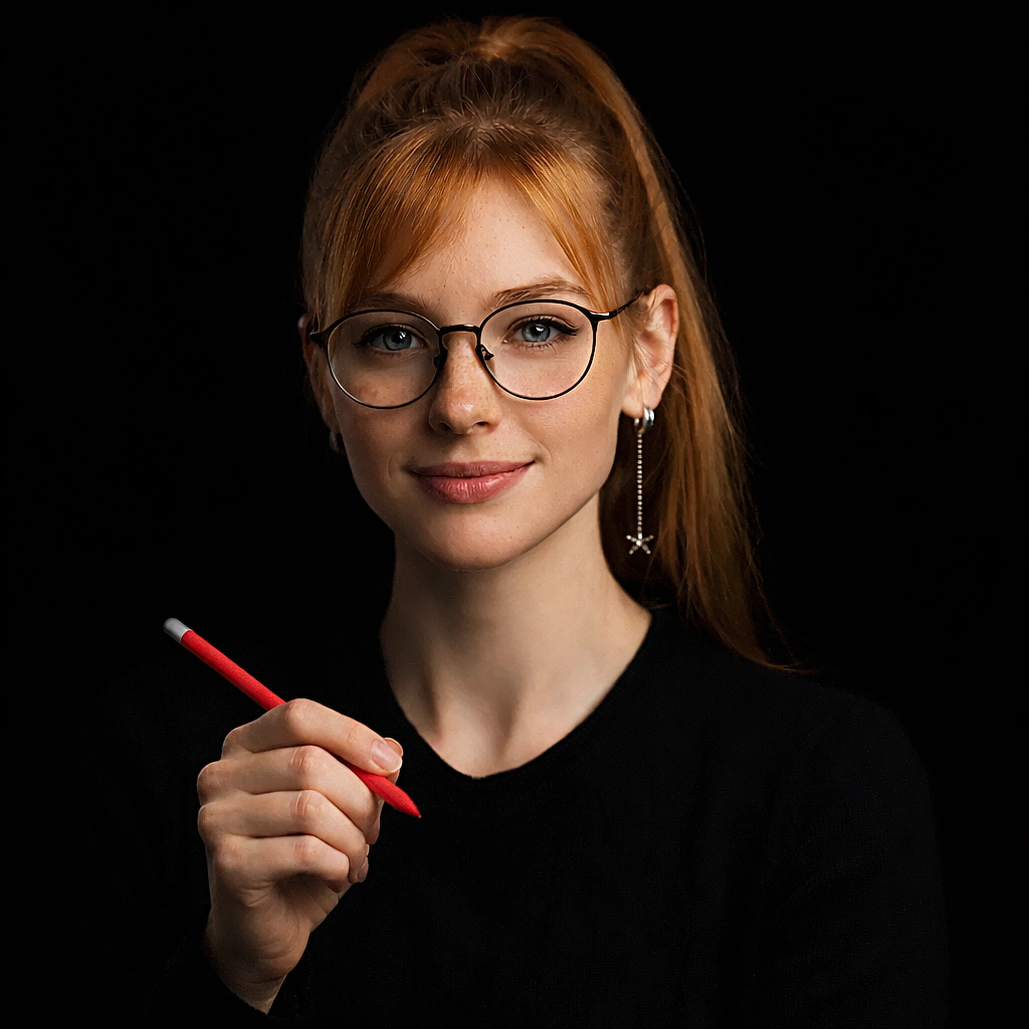 Professionelles Porträt von Luna mit runder Brille und roten Haaren im Pferdeschwanz vor schwarzem Hintergrund, die einen roten Stift hält und freundlich in die Kamera blickt.