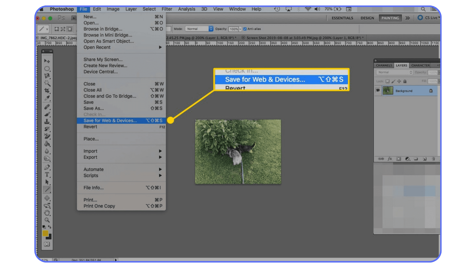 Adobe Photoshop interface showing the File menu with the ‘Save for Web & Devices’ option highlighted, used for optimizing images for web export.