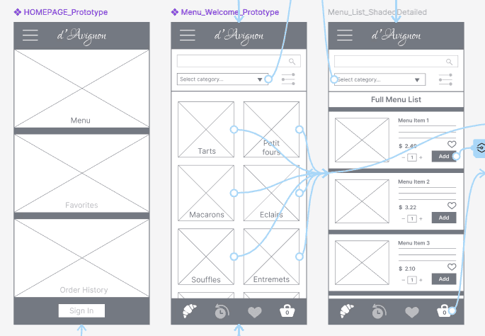 Wireframes showing app homepage and menu screens