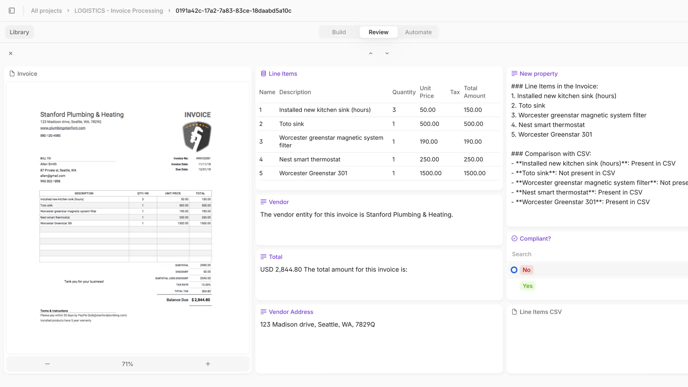 Review of data extraction from an invoice