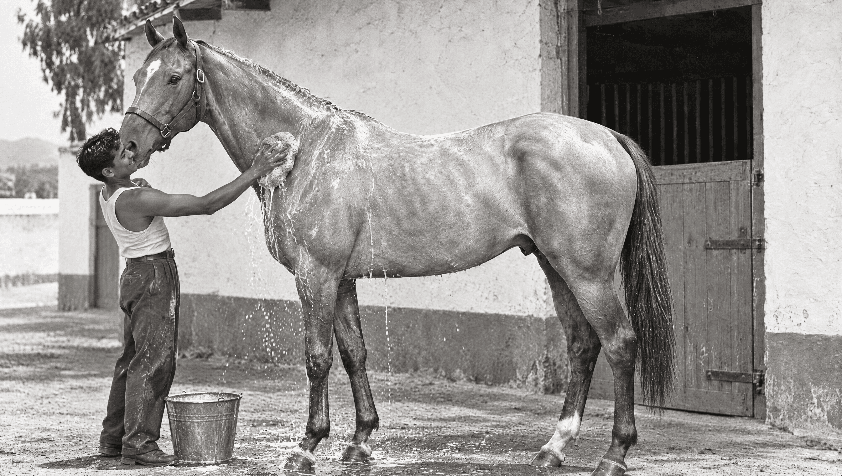 A young man sponges down a pale grey racehorse in a sunny stable yard