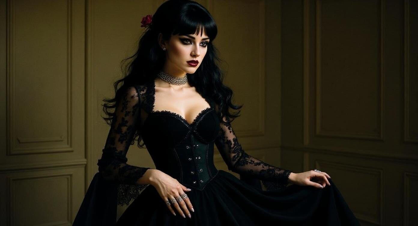 Elegant woman in black lace dress with dark makeup, silver jewelry, and flowing hair mid-movement.
