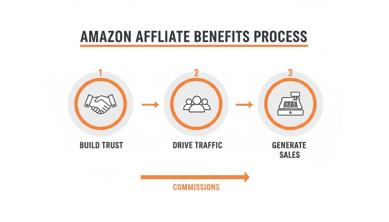 Diagram showing the Amazon affiliate benefits process: build trust, drive traffic, generate sales, earning commissions.