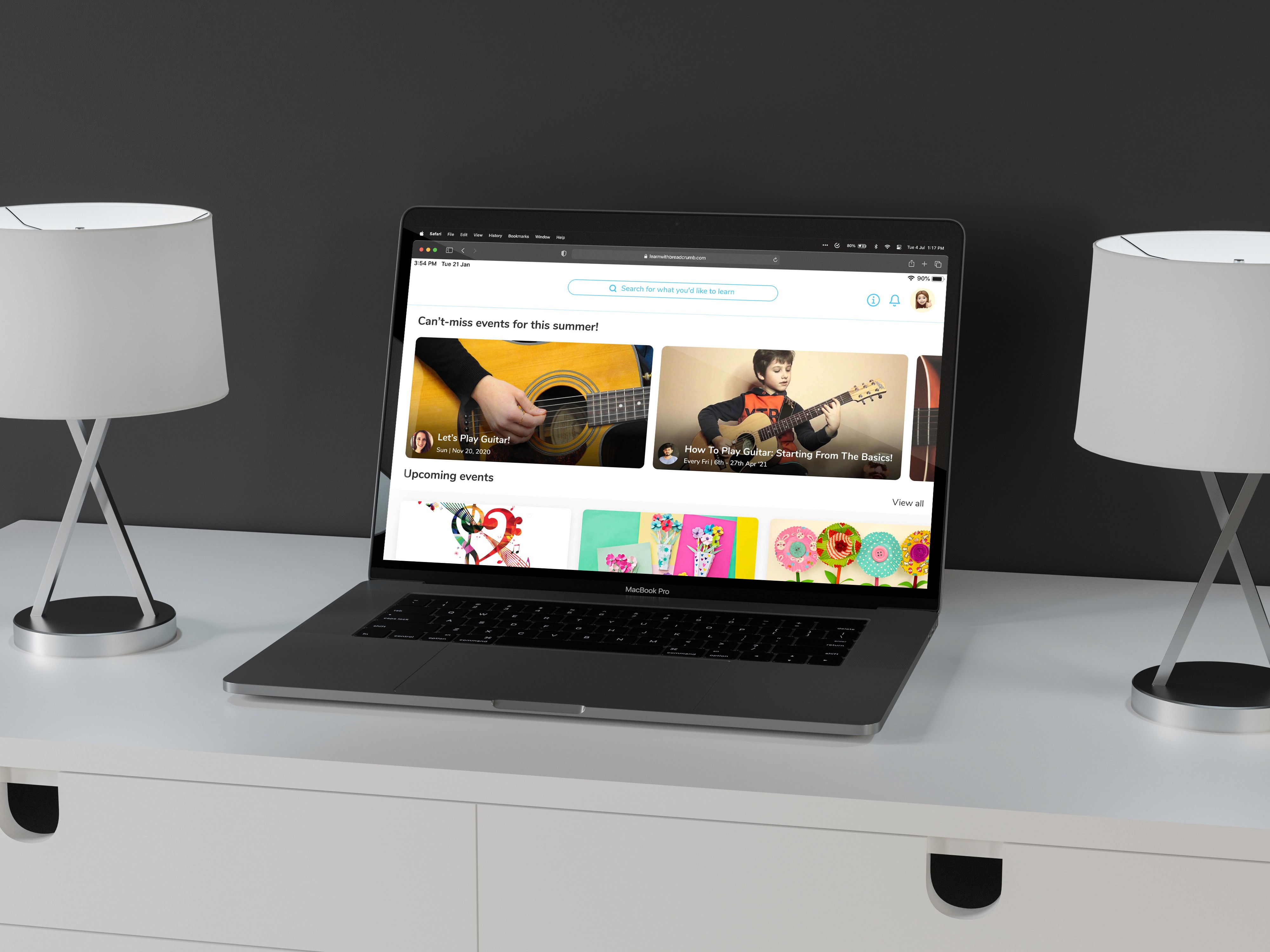 Homepage with events and workshops including art and music categories on Breadcrumb educational platform.