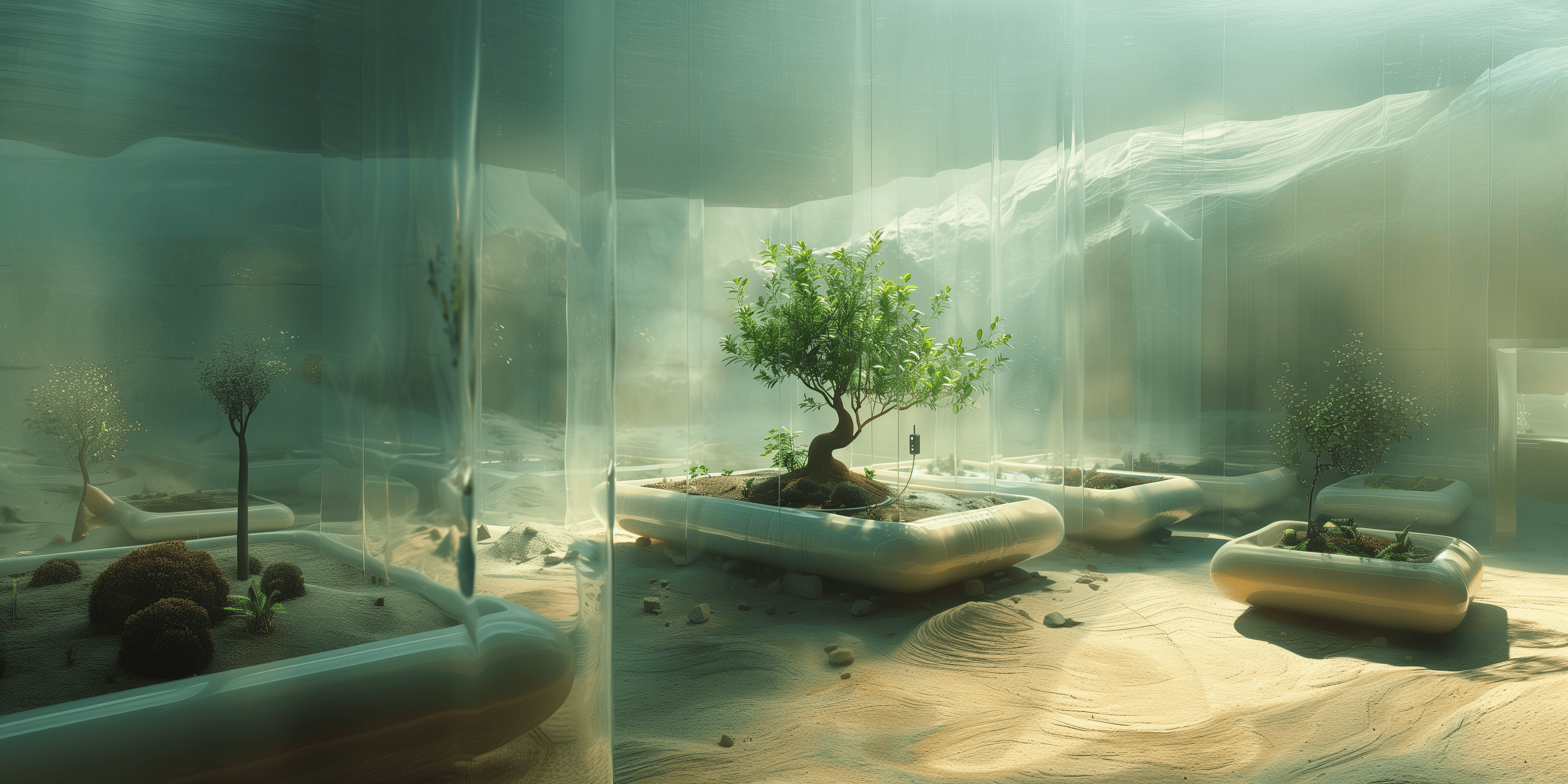 A large bonsai-style tree inside a futuristic, spacious glass greenhouse filled with steamy vapour and advanced monitoring technologies.