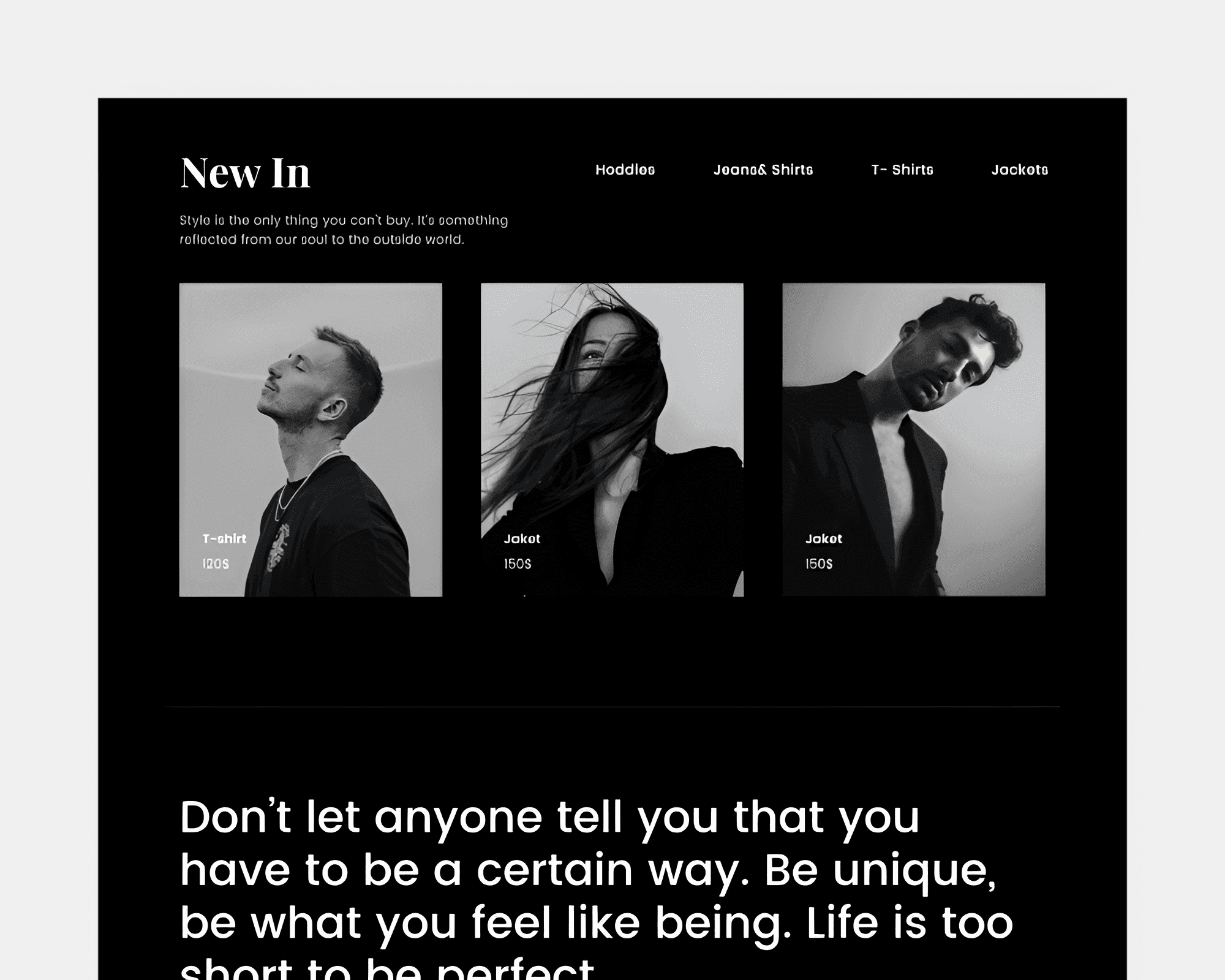 clothing minimal website design, products