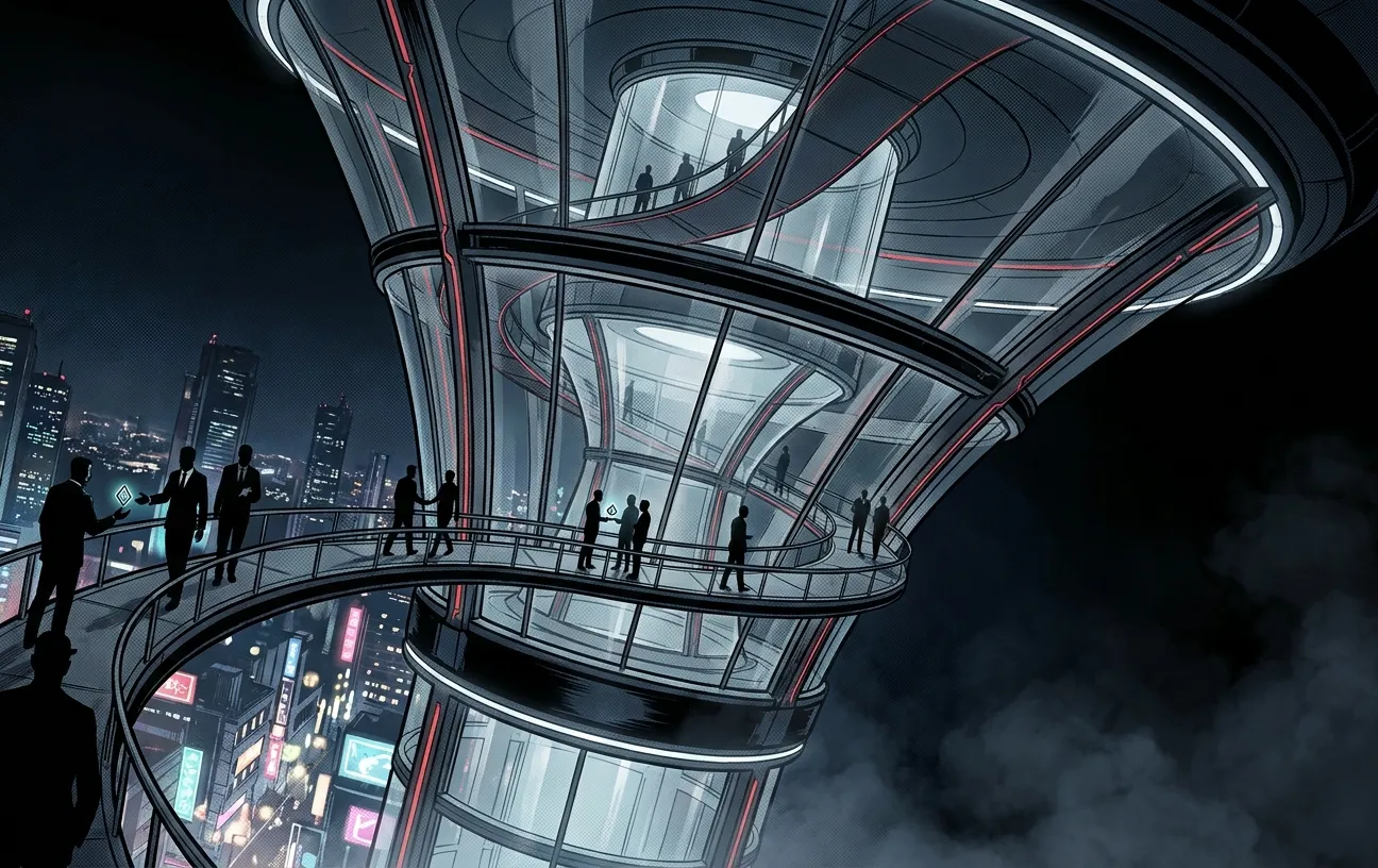 Futuristic tower by RockN' Socials, a Digital Marketing Agency at night.