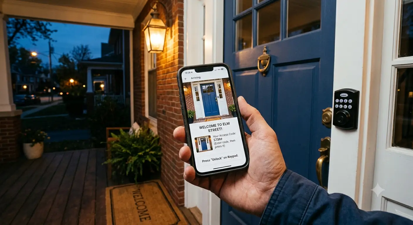 Guest holding a phone showing digital Airbnb self check-in instructions in front of a keypad-locked front door at dusk.