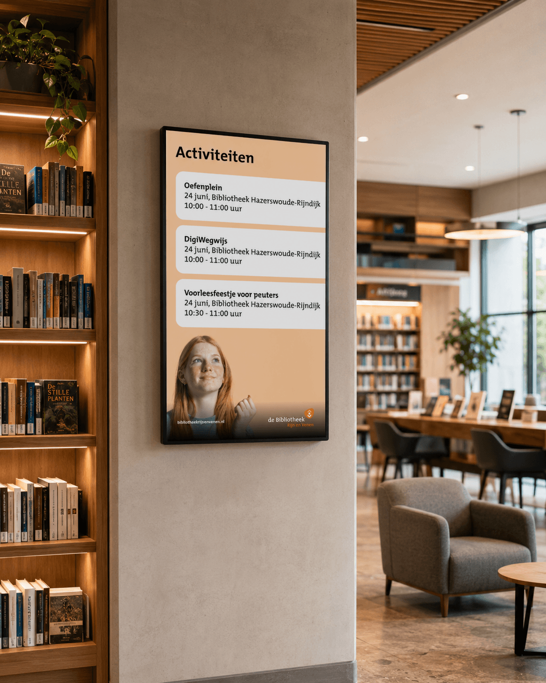 Bibliotheek narrowcasting met olifantenpaadje integratie