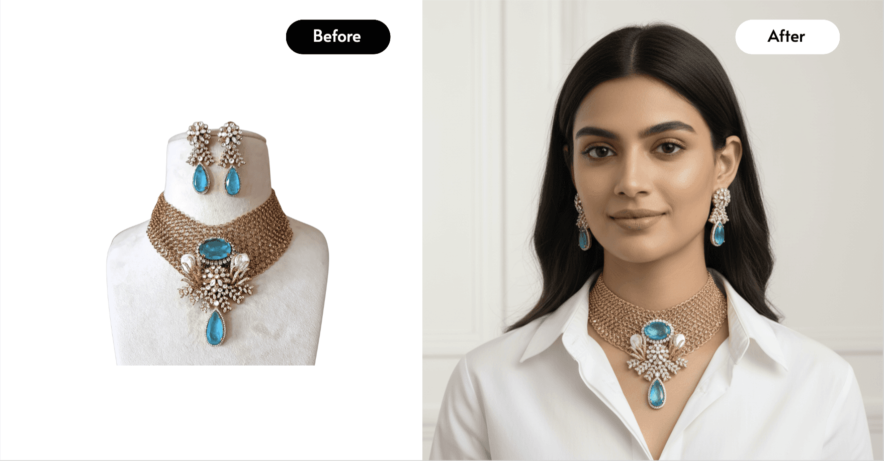 before and after image of a woman wearing an asian inspired necklace and earring set