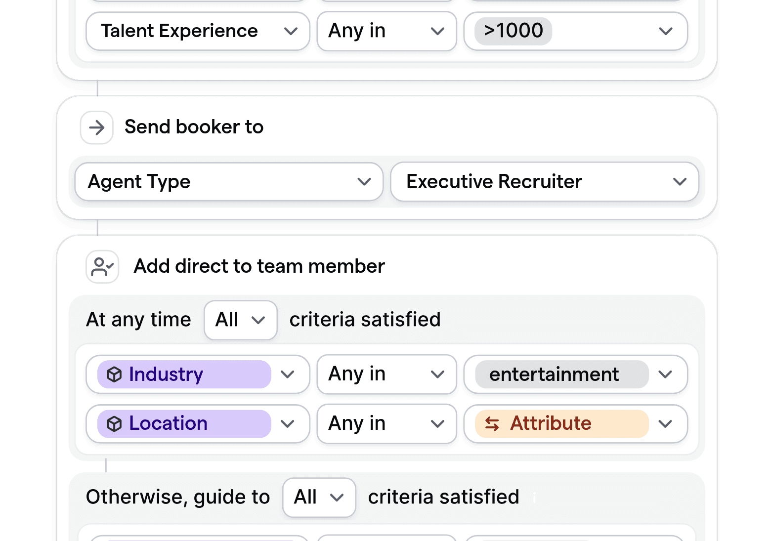 Customizable routing logic for talent agency placements based on talent experience, industry, and location.