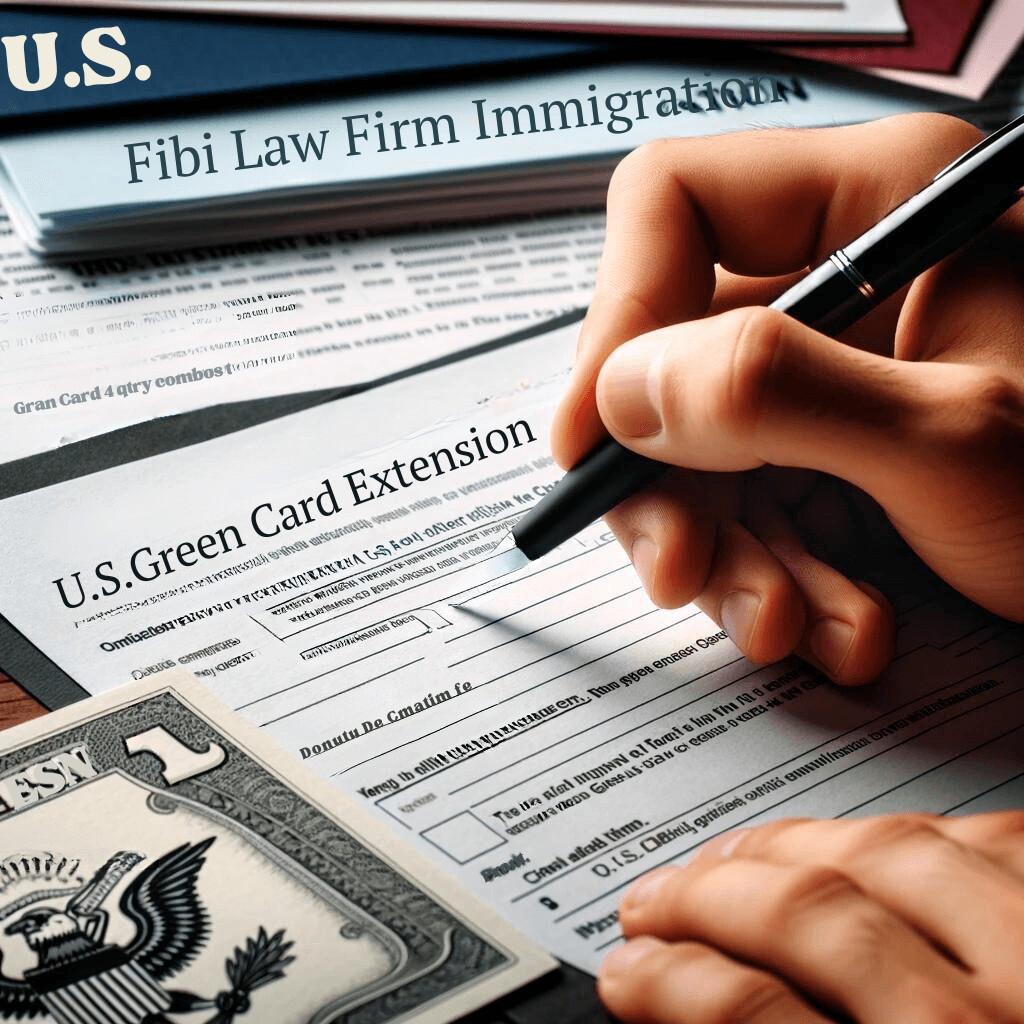 Close-up of hands completing a green card extension form, with U.S. immigration documents in the backdrop, highlighting the attention to detail in the application process.
