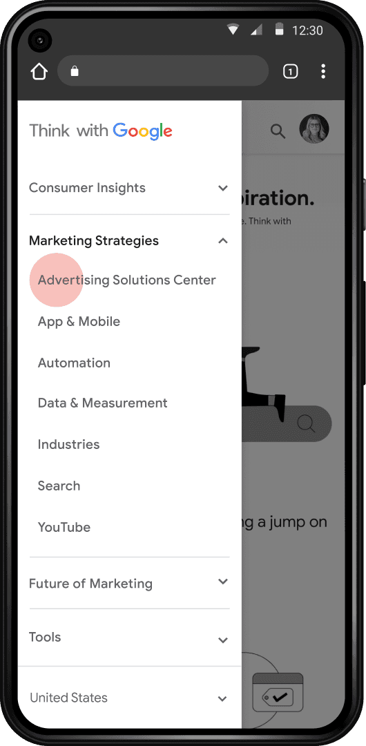Mobile screen display of the Think with Google home page