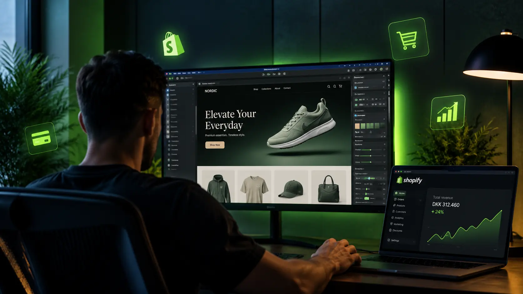 Shopify webshop med produktdesign, salgsstatistik og analyse af webshop