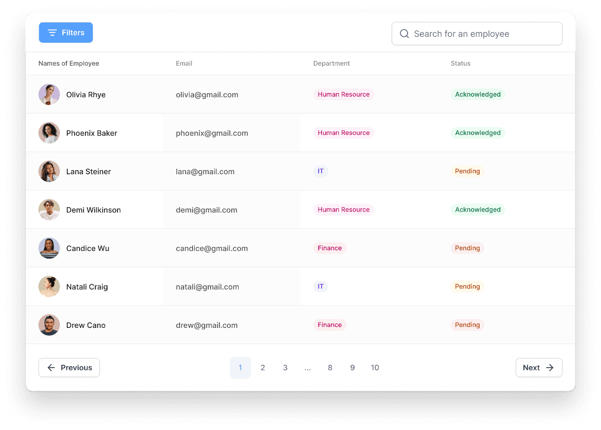 Dashboard displaying a list of company policies with details on last updated dates, expiry dates, approval statuses, and an action center for policy management.