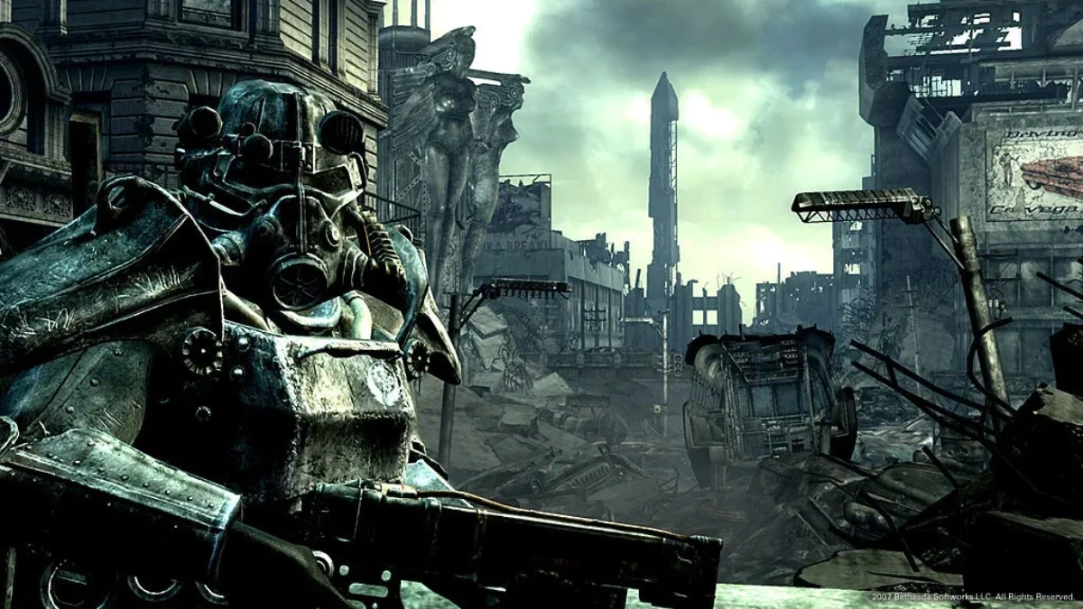 Game key art of a ruined city skyline