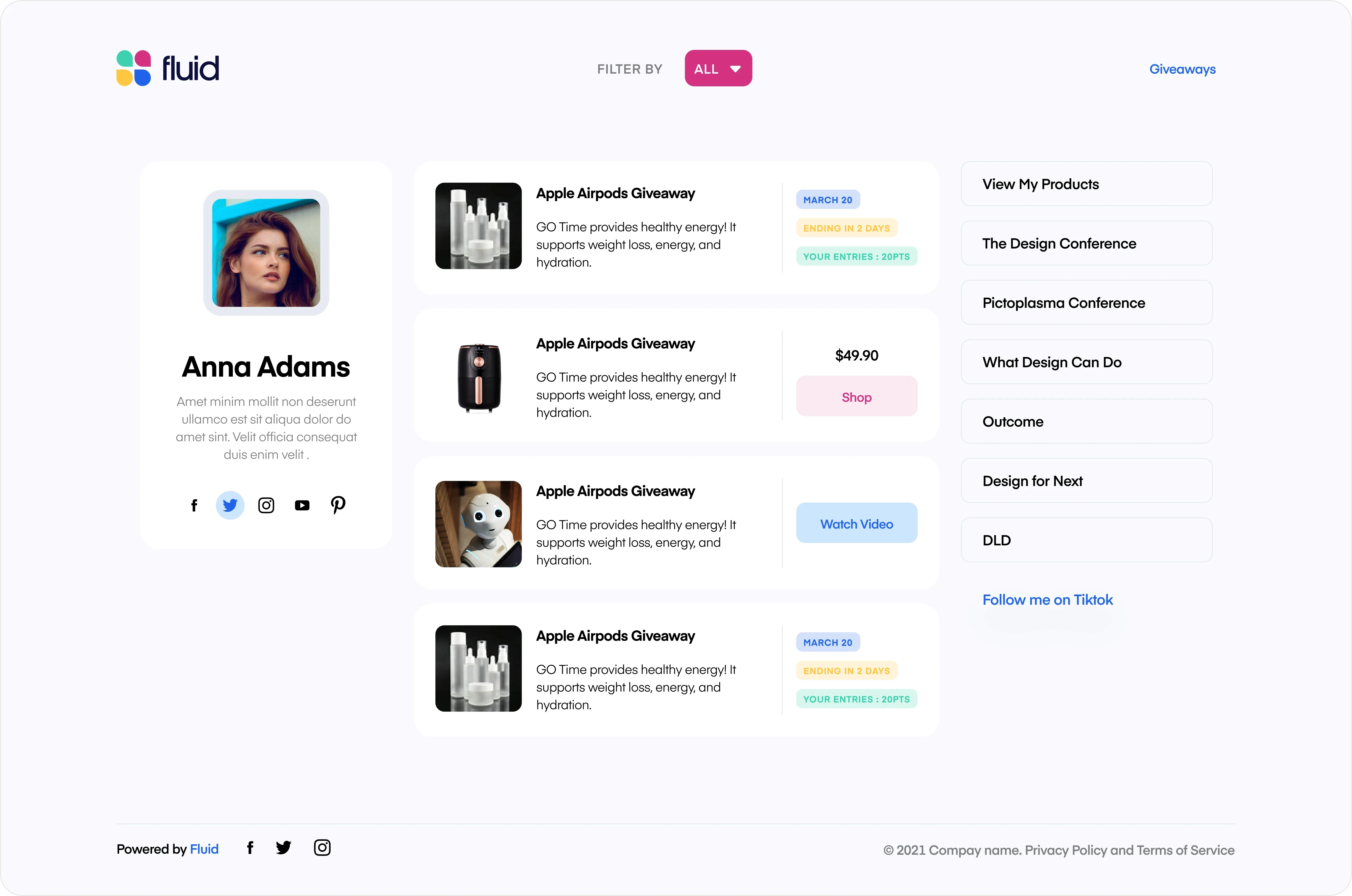 Fluid CRM MySite web template showcasing a personal profile page with user photo, social links, product giveaways, item listings, and customizable action buttons — designed to help direct sellers create their own branded storefront.