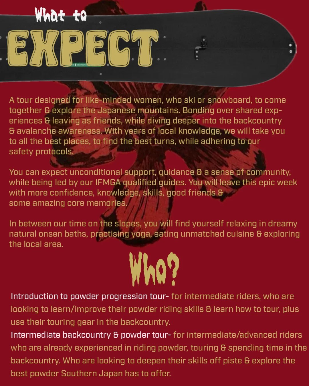 Poster describing what to expect on the Ikigai Women’s Powder Tour