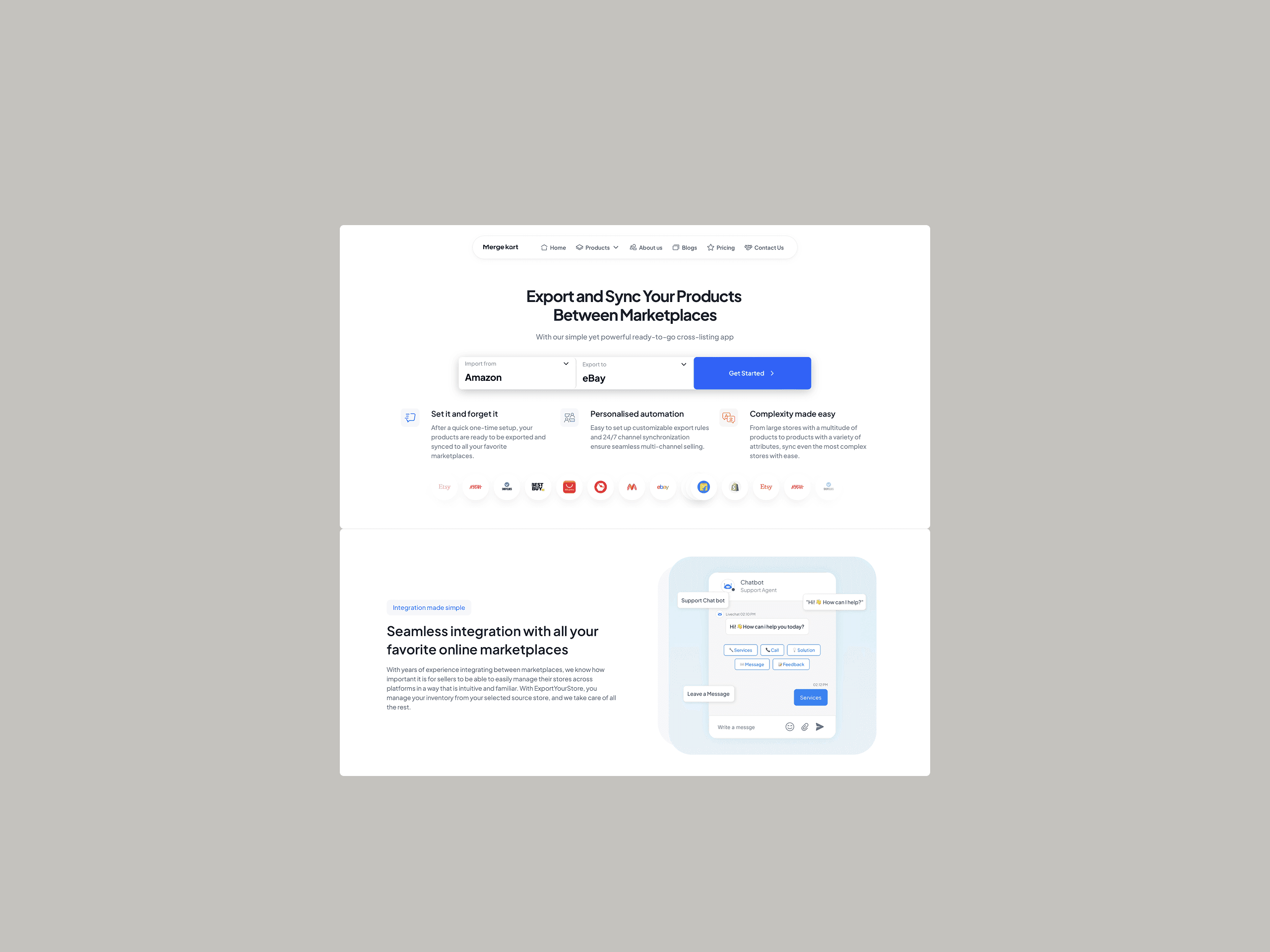 Product port service page of Mergekart