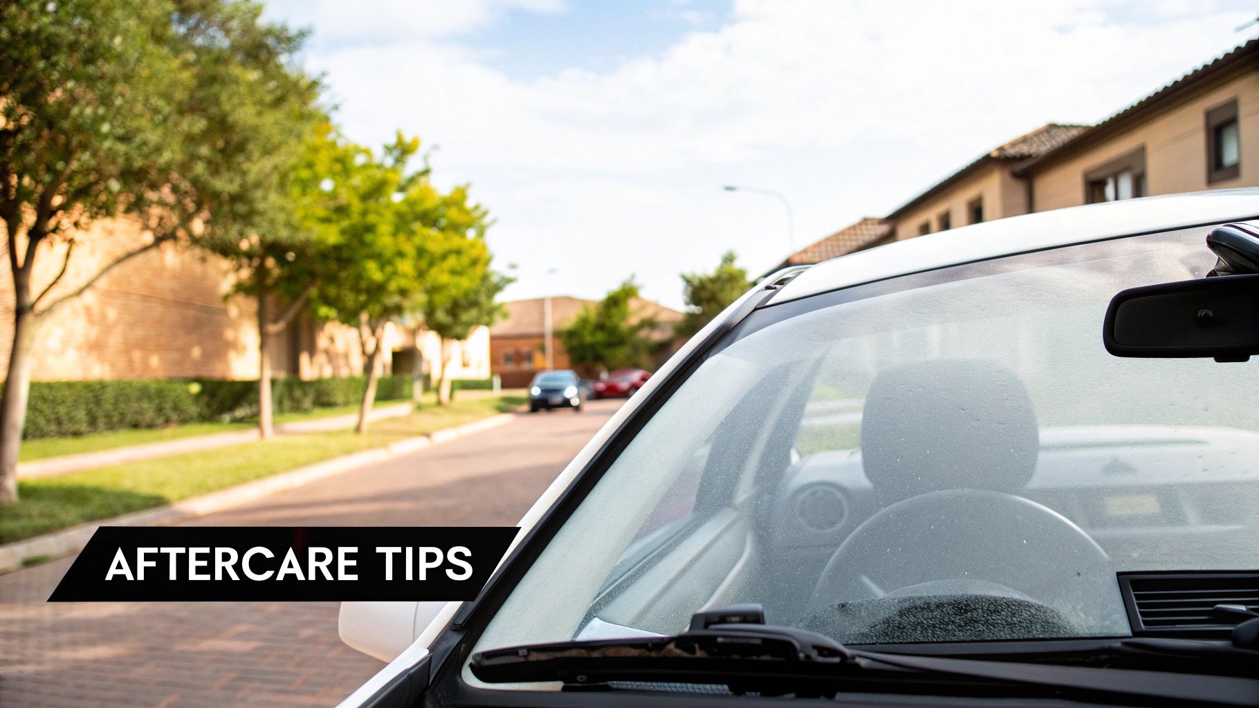 A technician wiping down a newly installed windshield on a modern car, ensuring it's clean and ready for the customer.