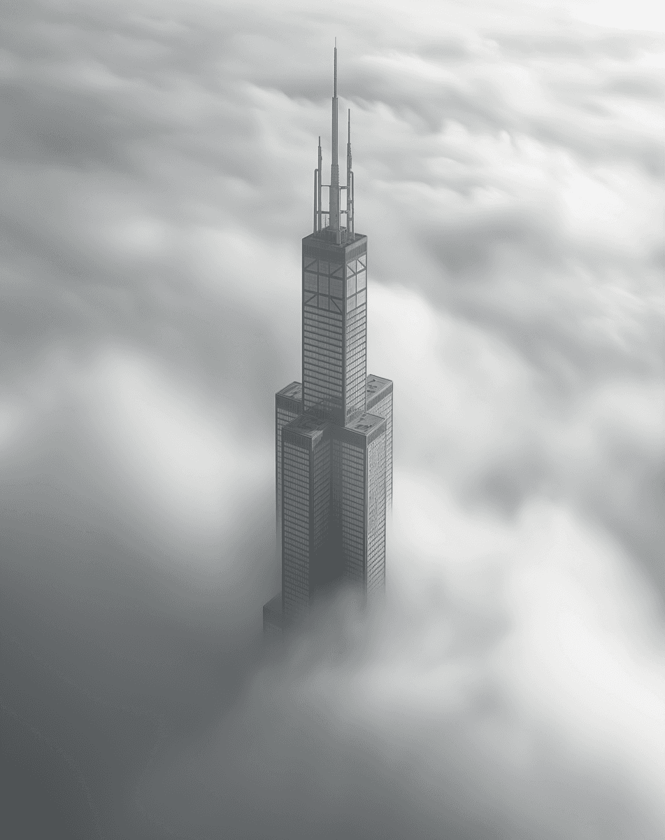 Commercial skyscraper emerging through low cloud coverage