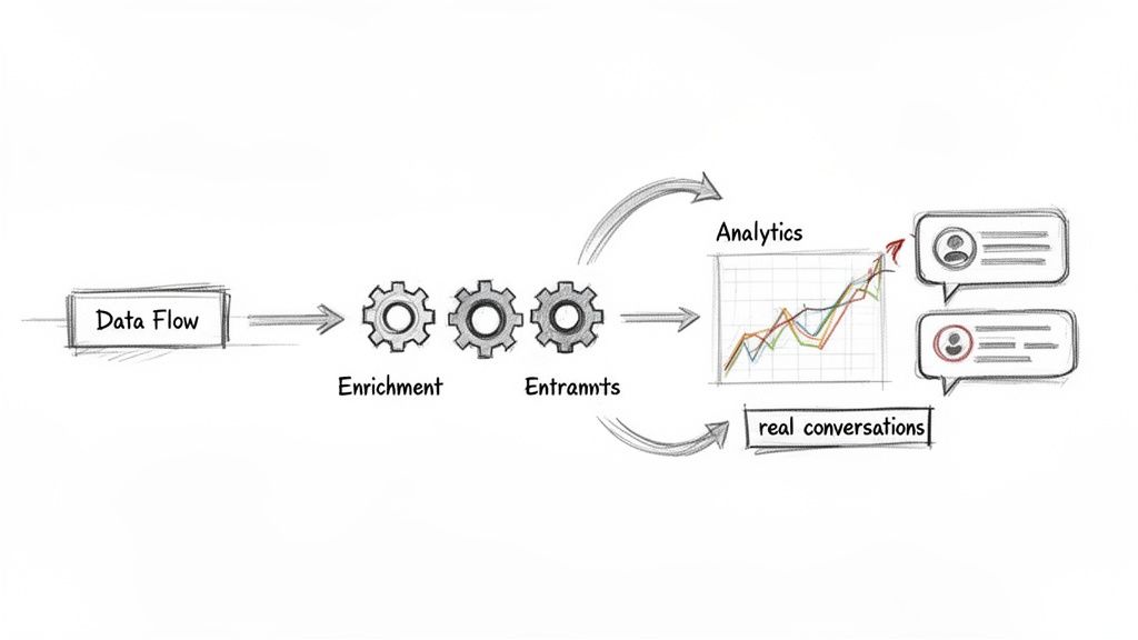 A data flow diagram illustrating data processing from input to analytics and real conversations through enrichment and entrants stages.