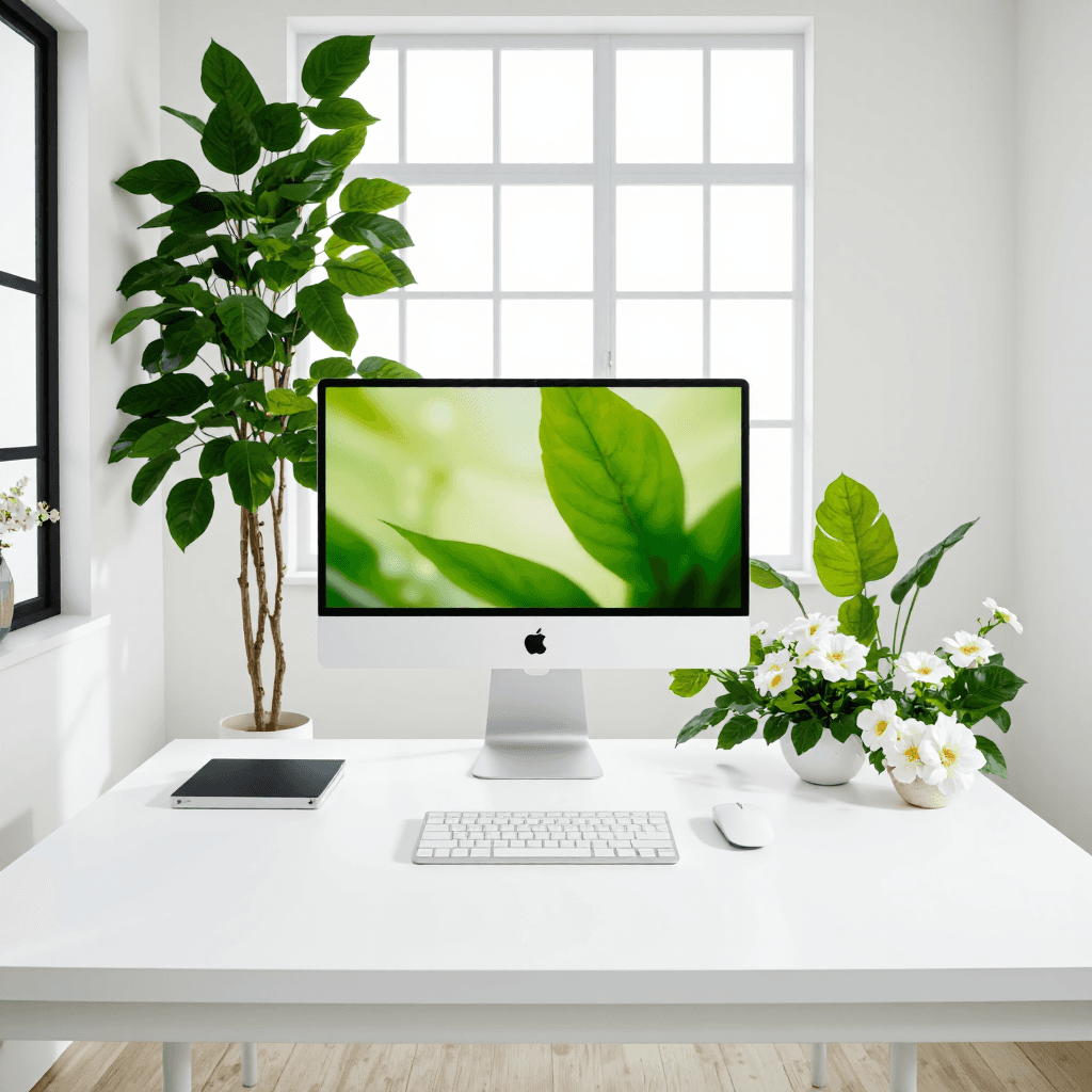 product photography of an all-in-one desktop computer with a monitor, keyboard, and mouse