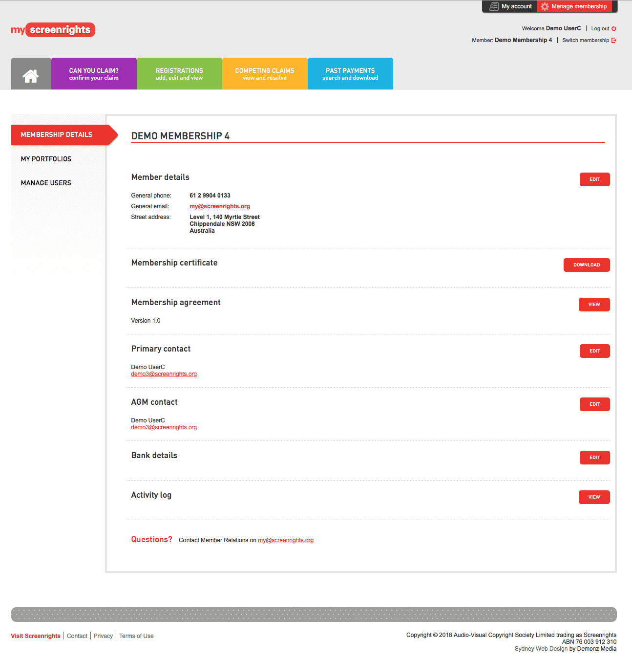 Screenshot of portal showing account details