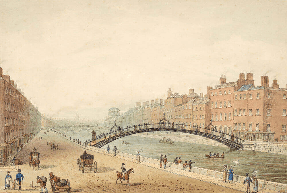 A serene landscape featuring a river with a bridge, surrounded by buildings and figures on the banks.