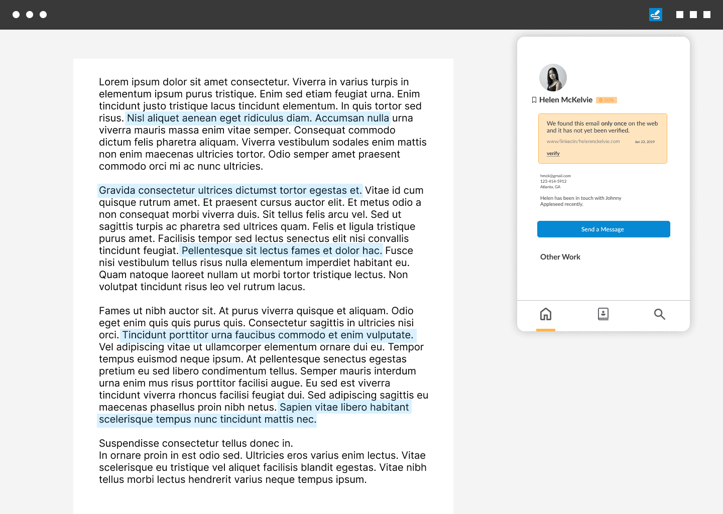 Screenshot of a web-based article interface showing a reading pane on the left and a sidebar profile on the right. The sidebar displays a user profile for Helen McKelvie, showing a 50% verification status for her email with a note that it has been found only once online. Additional contact details, a “Send a Message” button, and navigation icons are visible. In the article body, multiple sentences are highlighted in blue, indicating selected or emphasized text.