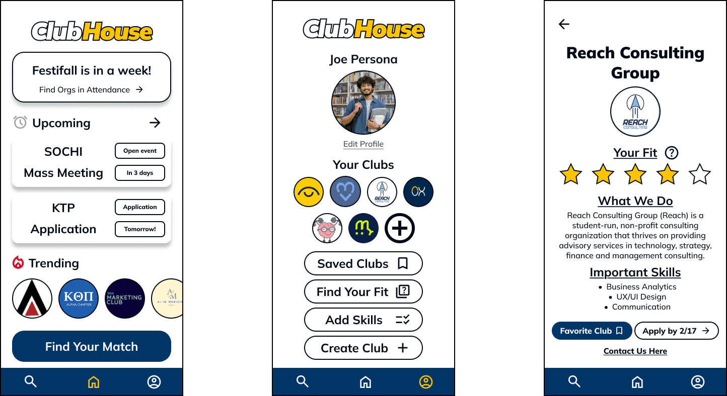 High-fidelity mobile mockups of three key ClubHouse screens