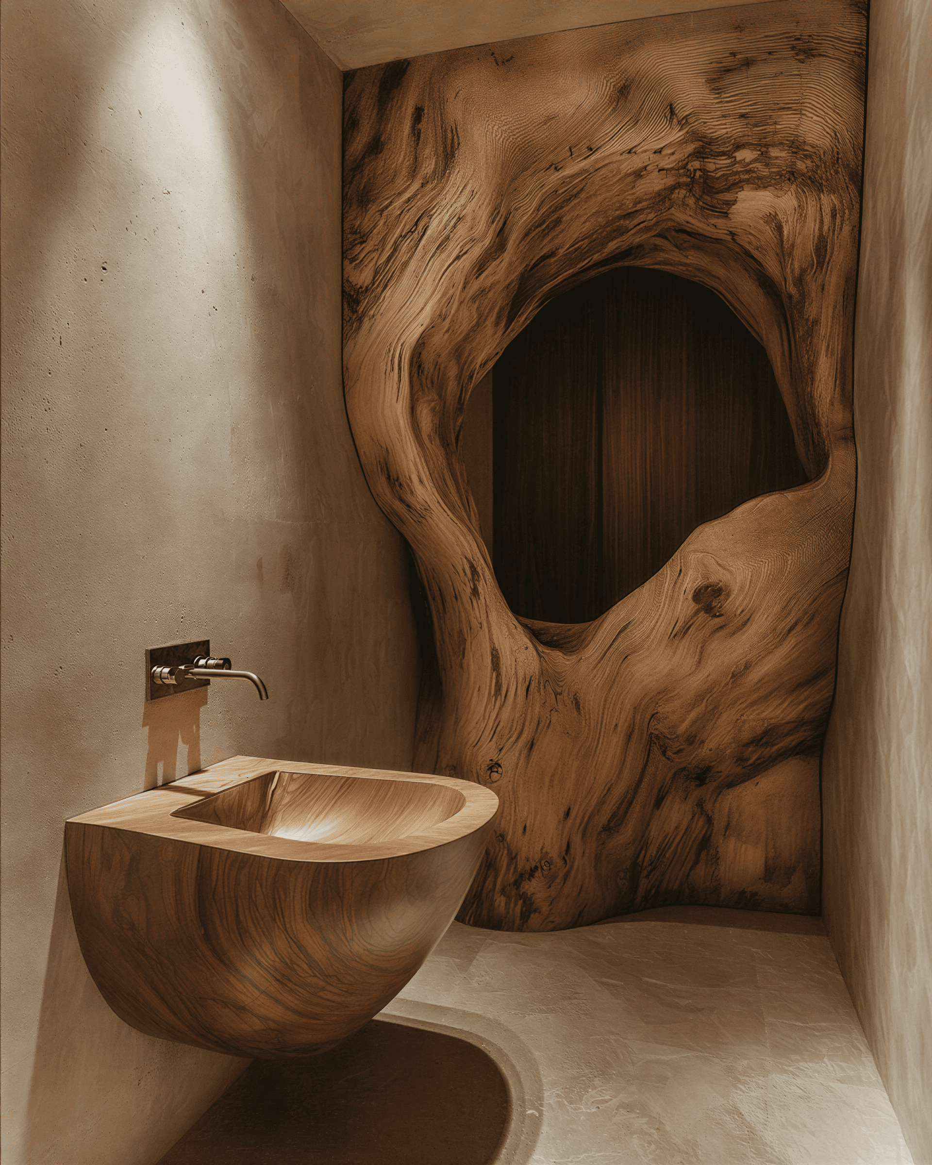 Organic powder room with sculptural live-edge wood mirror, curved wooden vessel sink, textured walls, and minimalist chrome faucet