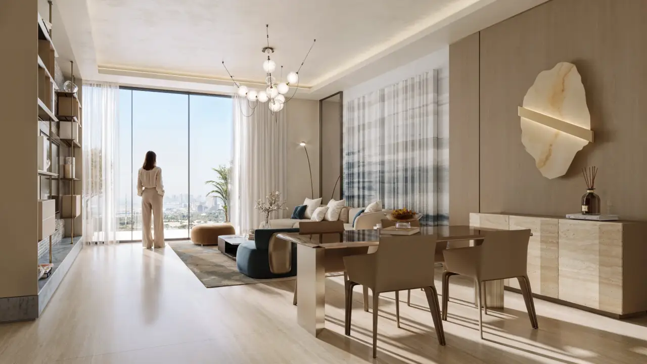 Elegant open-plan living and dining room with floor-to-ceiling windows at Binghatti Wraith.