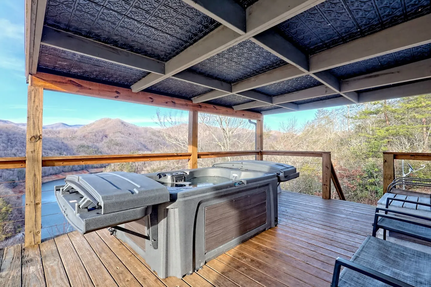 Tiny Tuck covered hot tub deck looking across Fontana Lake to the mountains