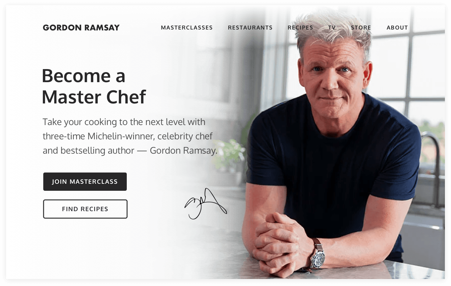 Gordon Ramsay website header after Jeff Shibasaki’s copy redesign