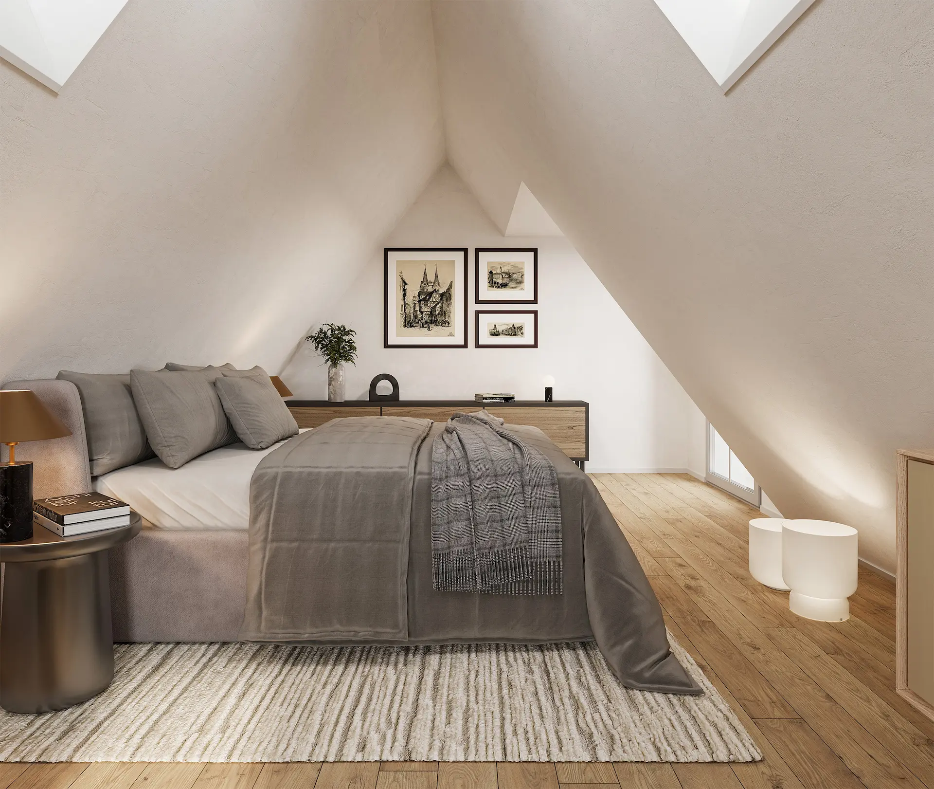 Modernes Schlafzimmer im Dachgeschoss mit Sicht auf eine Bilderwand, Innenvisualisierung.